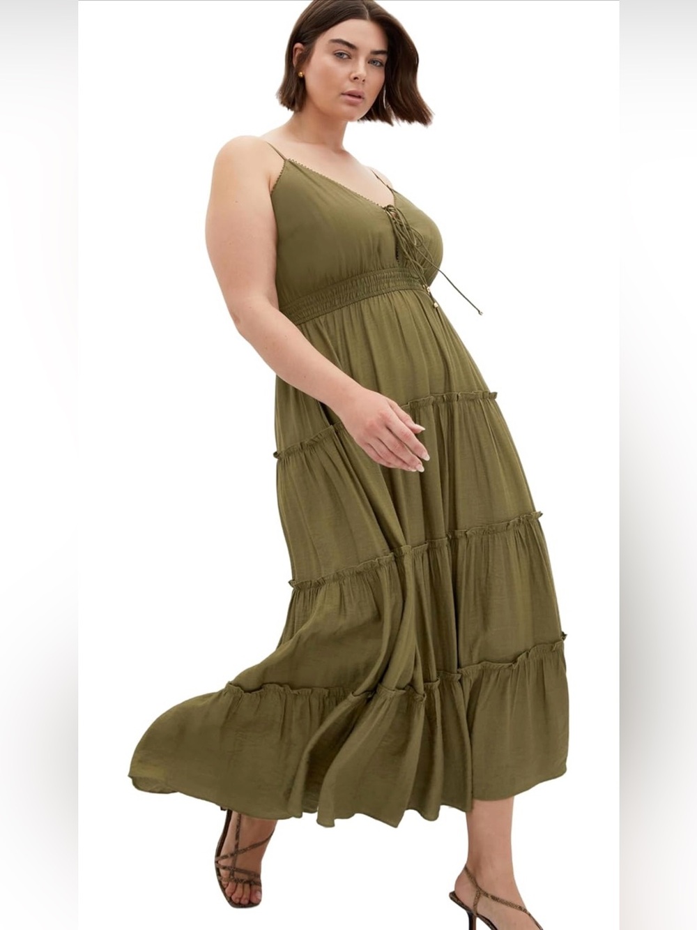 City Chic Olive Tiered Maxi Dress with Spaghetti Straps